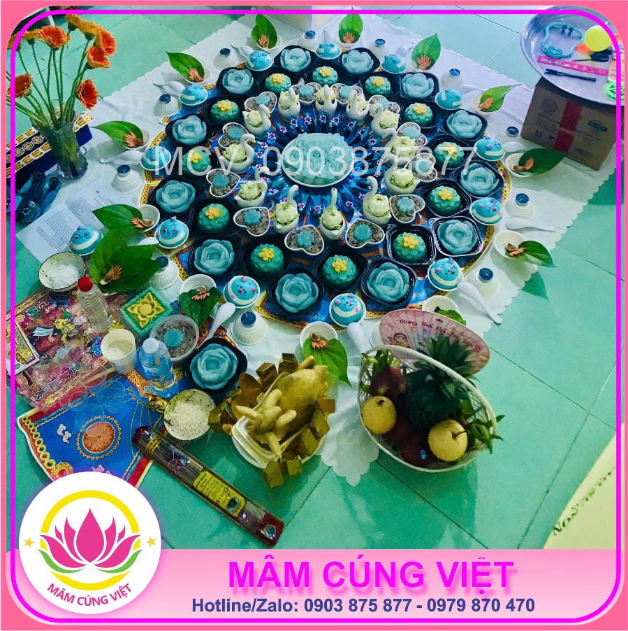 Mâm cúng đầy tháng bé trai màu xanh dương