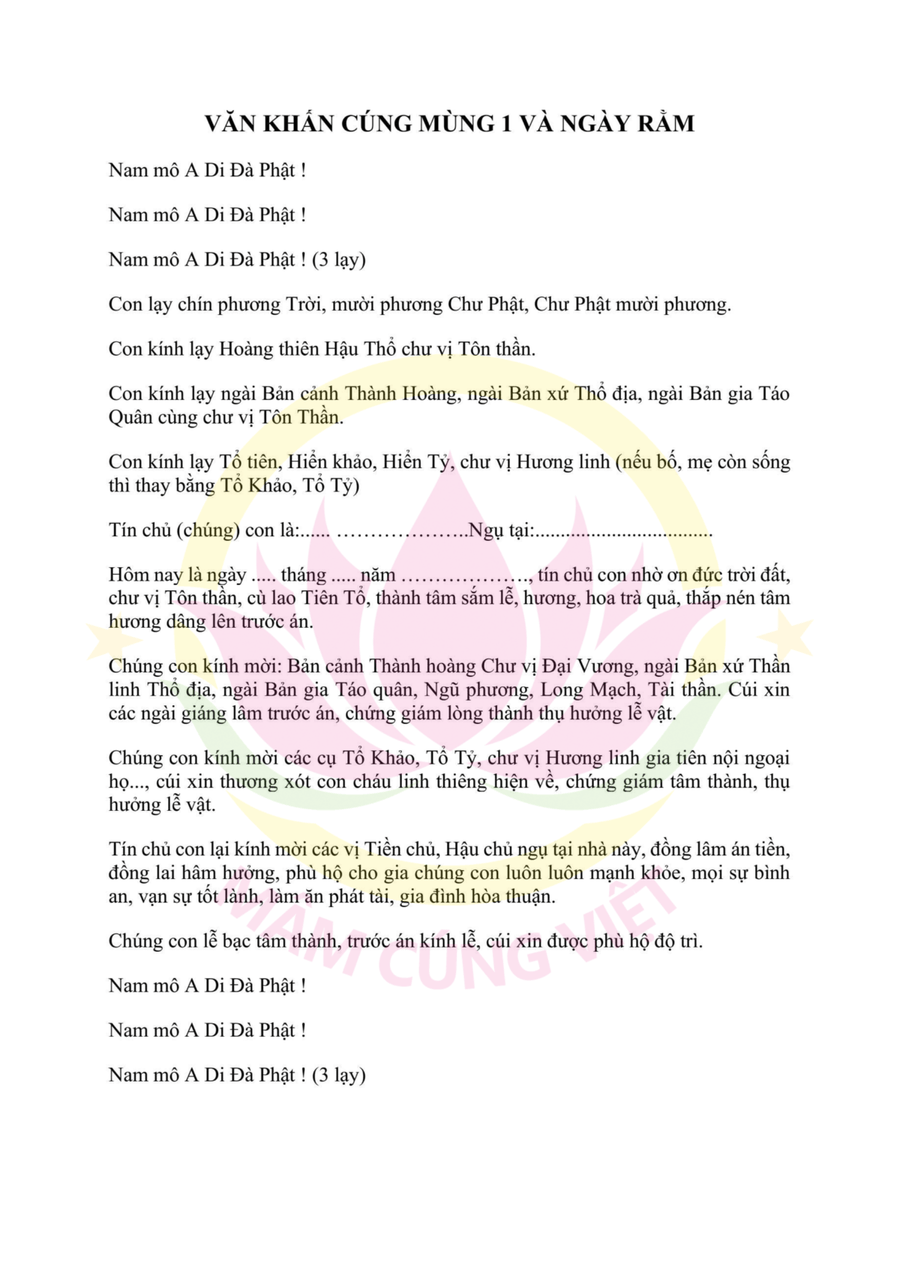 Bài Văn Khấn Mùng 1 Tháng 4 Chuẩn Nhất
