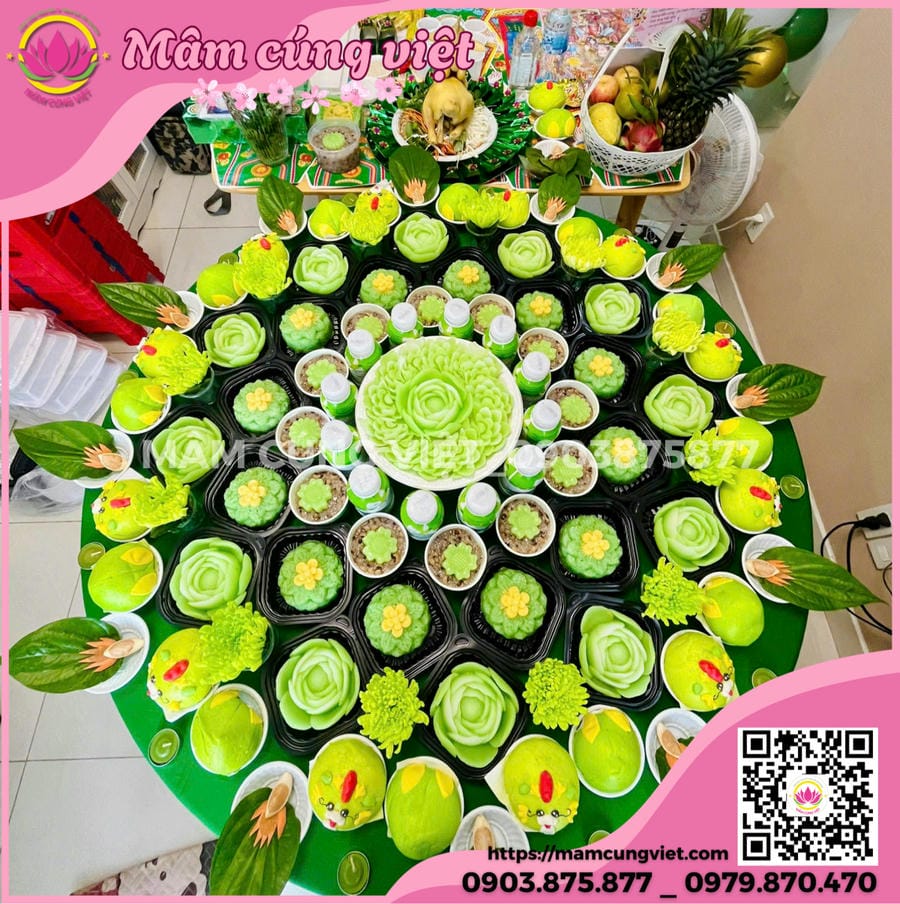 Mâm cúng thôi nôi, đầy tháng màu xanh lá Hướng Dẫn Trang Trí Mâm Cúng Đầy Tháng, Thôi Nôi Tông Xanh Lá