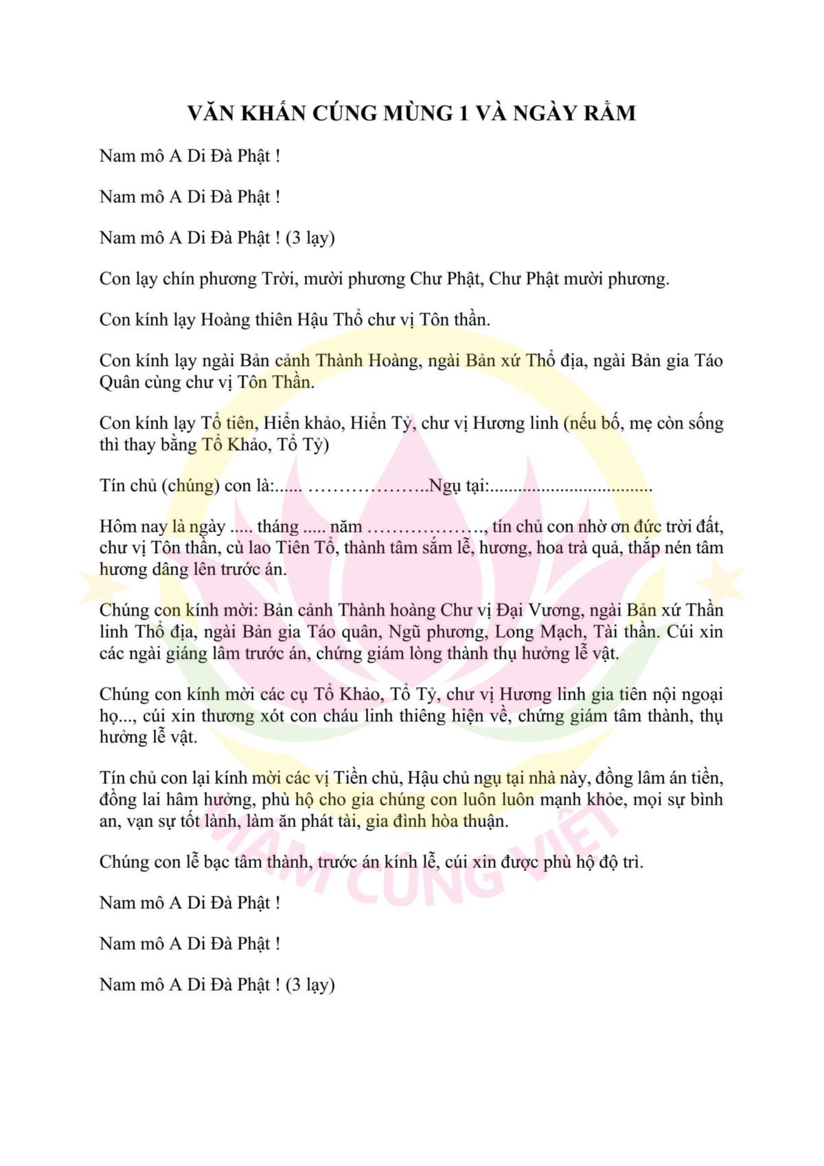 Bài Văn Khấn Mùng 1 Tháng 4 Chuẩn Nhất