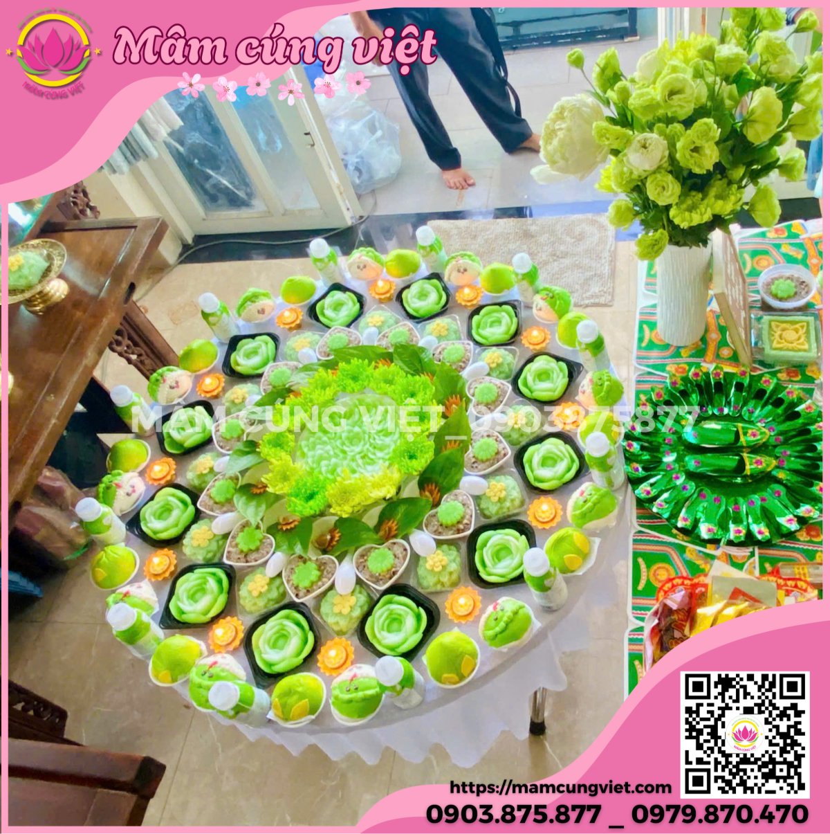 Hướng Dẫn Trang Trí Mâm Cúng Đầy Tháng, Thôi Nôi Tông Xanh Lá 