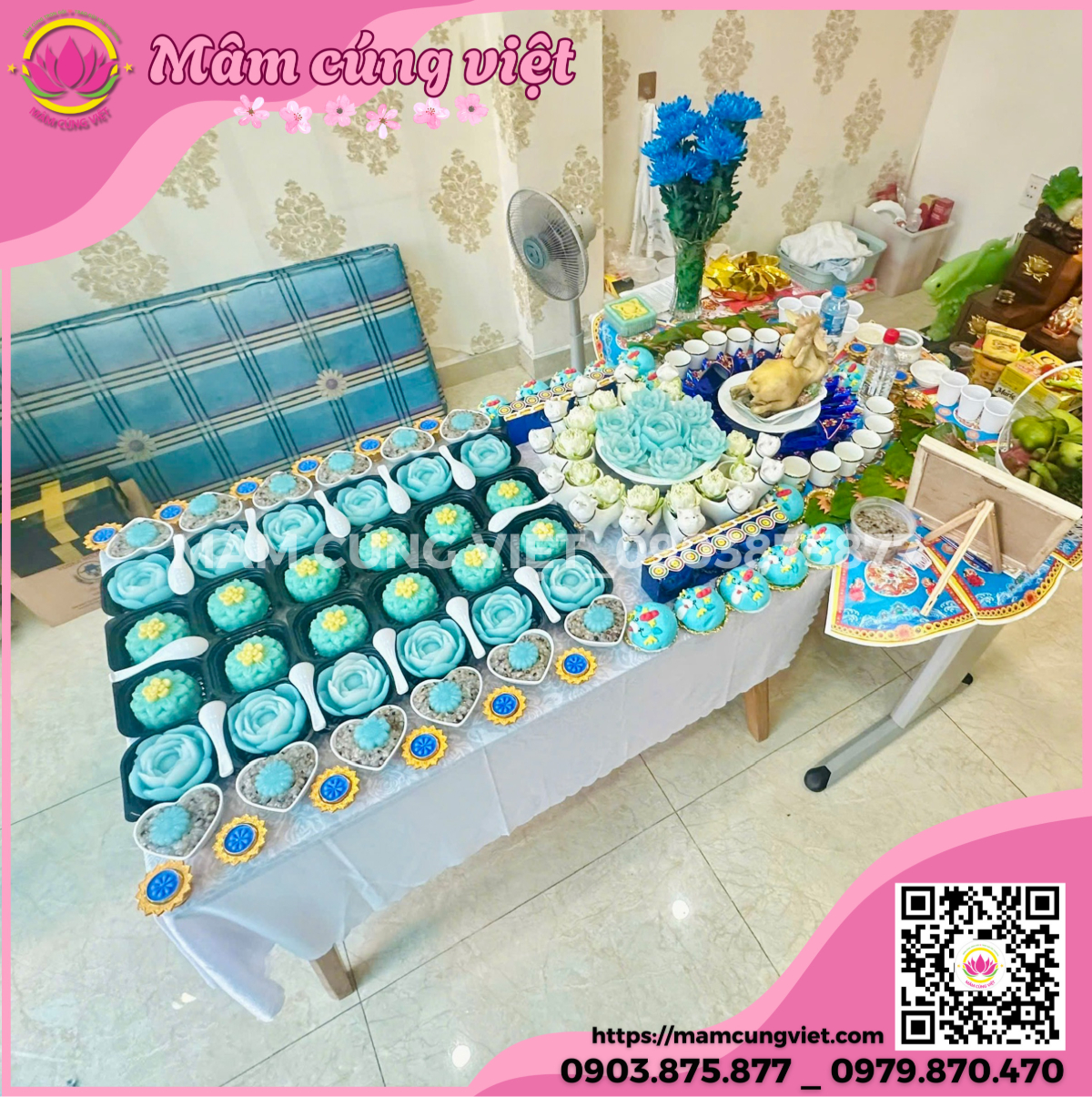 Mâm cúng tone xanh dương là sự kết hợp hoàn hảo giữa nét đẹp truyền thống và phong cách hiện đại
