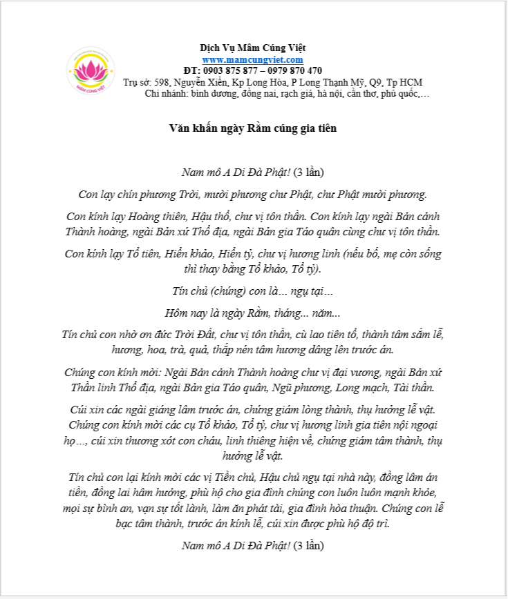 VĂN KHẤN Văn khấn ngày Rằm cúng gia tiên