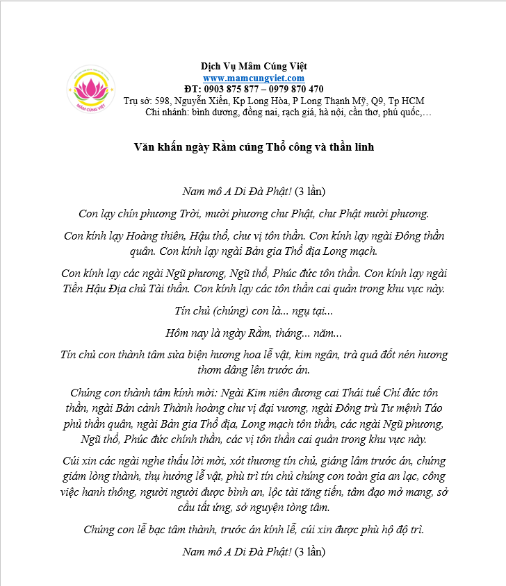 VĂN KHẤN Văn khấn ngày Rằm cúng Thổ công và thần linh