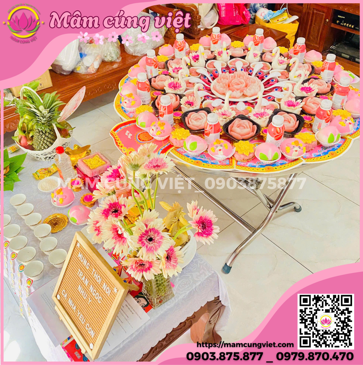 mâm cúng thôi nôi bé gái màu hồng 